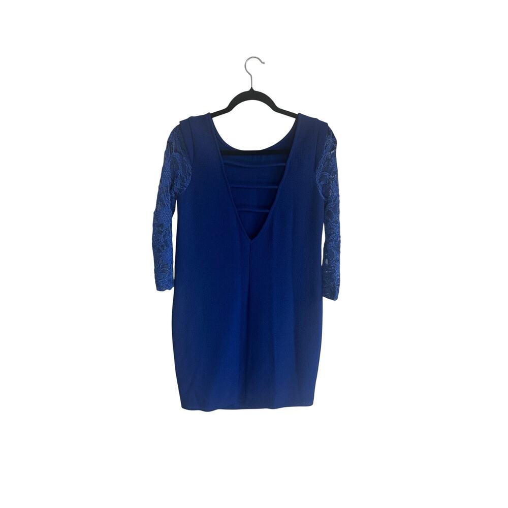 AKIRA Chicago Women's Lace Sleeve Bodycon Mini Dress S Open Back Royal Blue